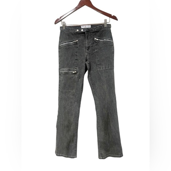 Vintage 90s Y2K Tommy Hilfiger Black Denim Jeans Zipper Pockets Size 6 Straight - Picture 1 of 8